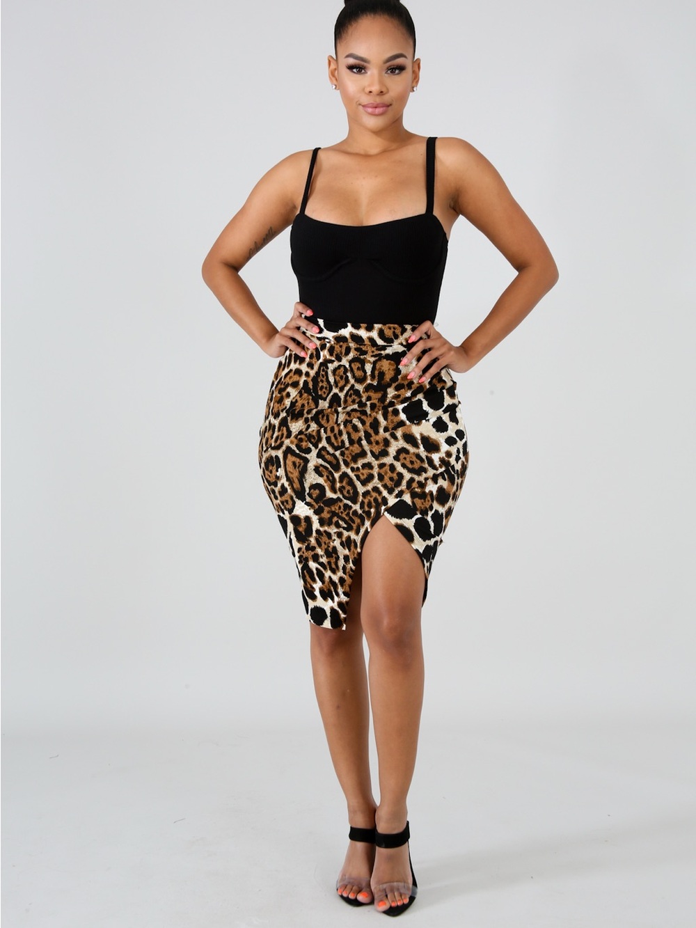 privy Leopard Print Midi Pencil Skirt in Black and Brown